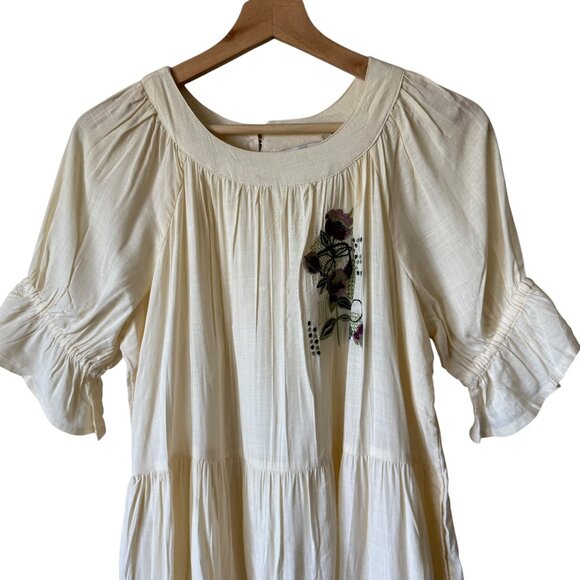 Max Dress Sm/Md Ivory Floral Embroidery Ruffled Short Sleeves Pockets Tiered - Picture 3 of 15